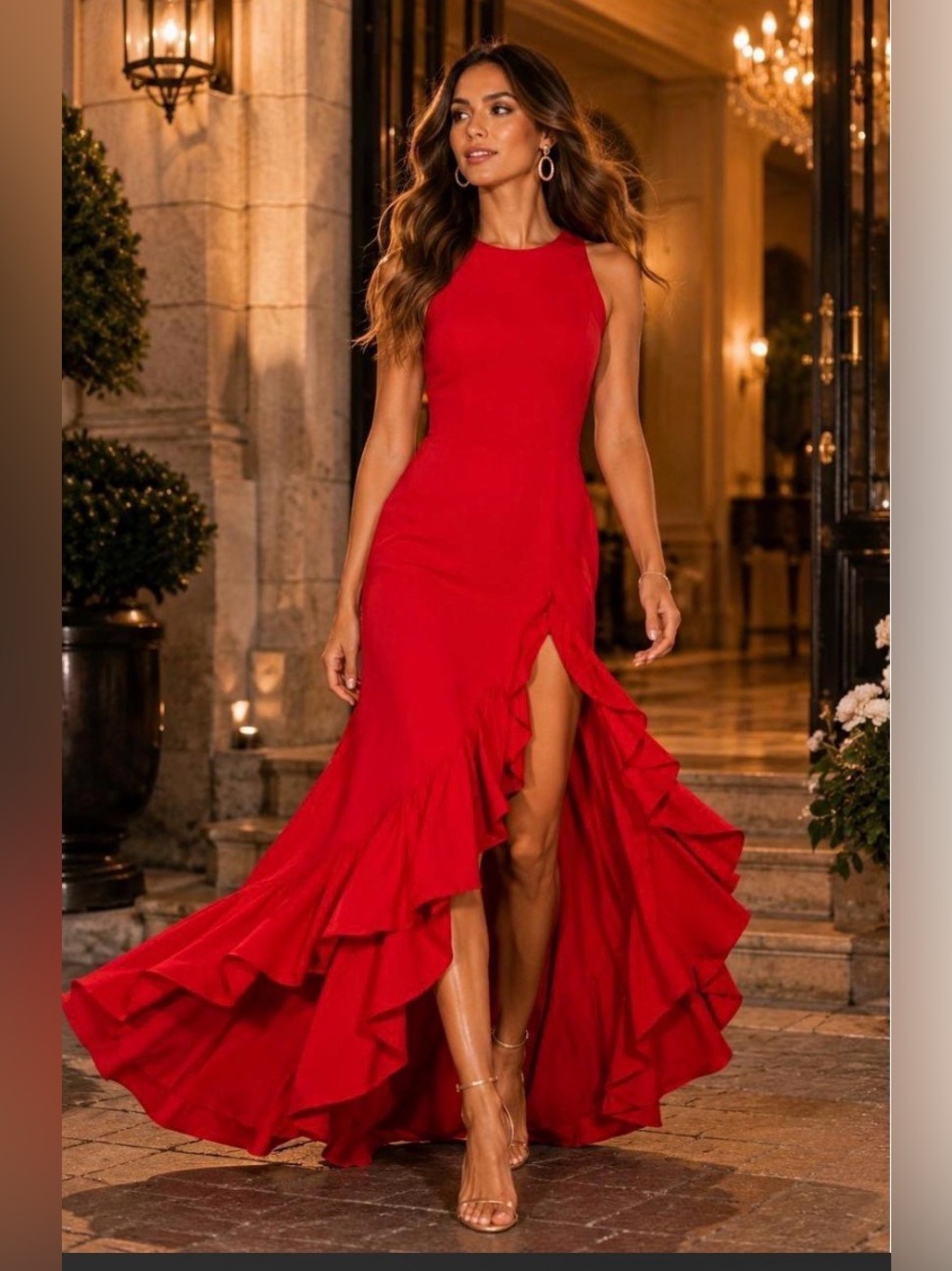 Betsy & Adam "ARIELLE" Scuba Crepe Ruffle Slit Evening Gown